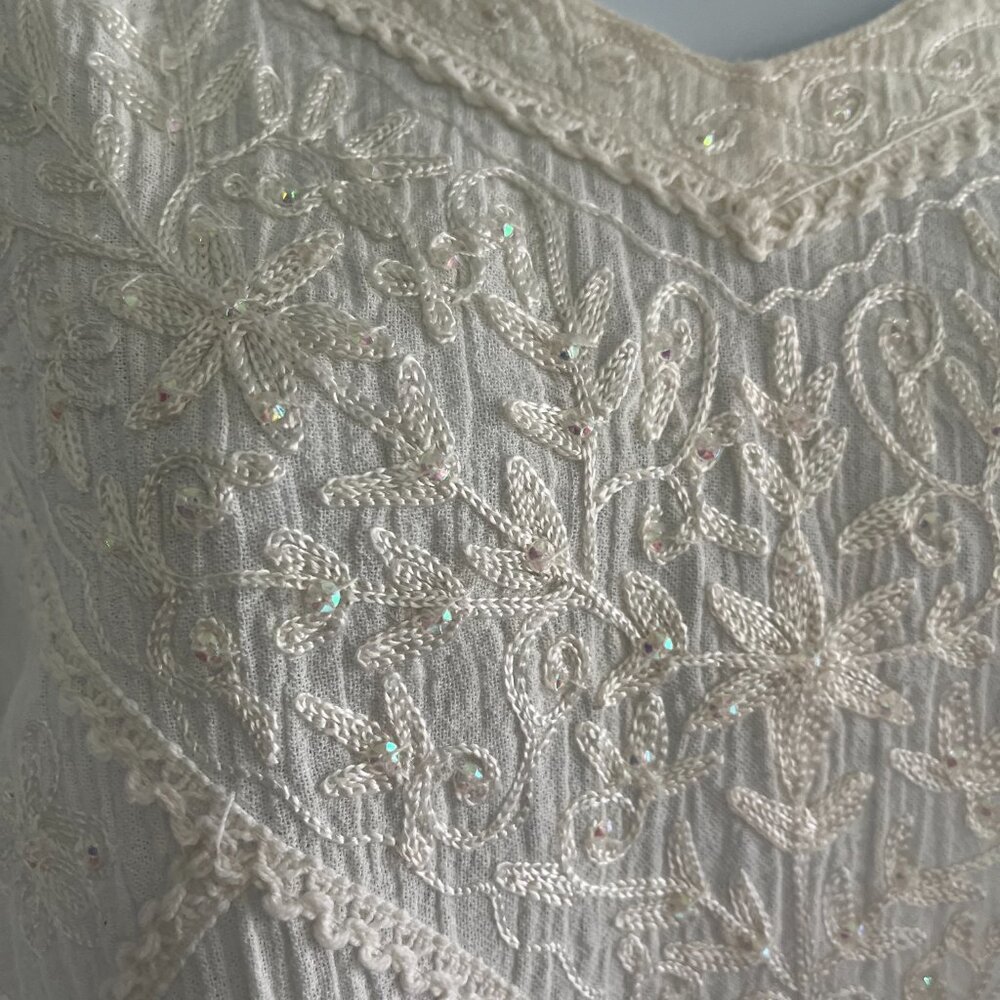 White Beaded Crinkle Cotton Long Sleeve Tunic ( India) Size 12 NWOT - Picture 4 of 6